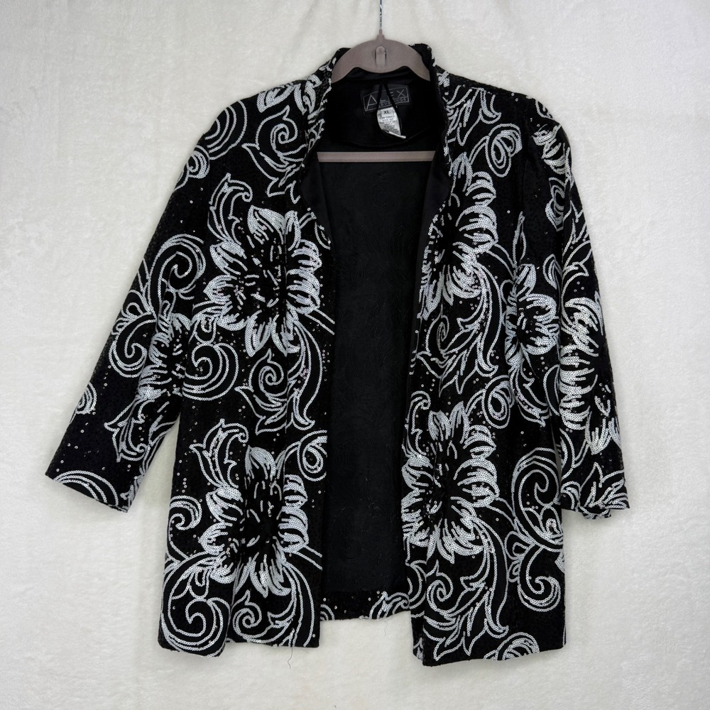 Alex Evenings Jacket Women XL Black Silver Sequin Floral Open Front Evening Wrap
